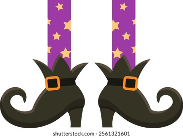 Witch legs adorned with purple stockings featuring gold stars, complemented by classic shoes with curled toes and an orange buckle, perfect for enhancing Halloween themed projects