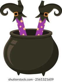 Witch legs adorned with purple stockings and sparkling gold stars are playfully upside down inside a black cauldron, capturing a whimsical and spooky Halloween party vibe