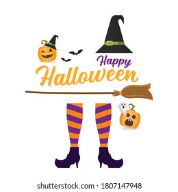 Witch legs Witch broom and hat. Halloween pumpkin and ghost. Vector illustration