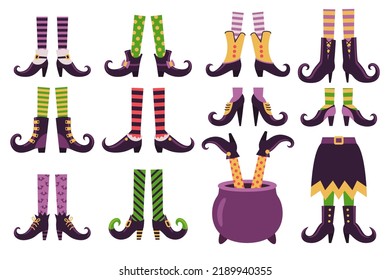 Witch legs. Cartoon witches feet in shoes boots stockings cauldron pot, halloween witching leg green dress skirt costume isolated trendy foot socks, ingenious vector illustration of feet striped