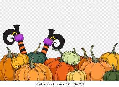 Witch Legs Coming Outside Group Of Pumpkins In Different Color Isolated On Png Or Transparent Background,Halloween Party Banner,element Template For Poster,brochures,online Advertising ,vector