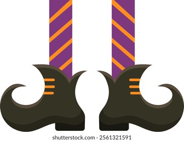 Witch legs with purple and orange striped stockings and black pointy shoes wearing for halloween party, colorful vector illustration in flat cartoon style isolated on white background