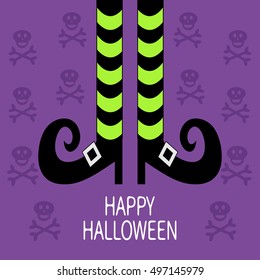 Witch legs with striped socks and shoes. Happy Halloween. Greeting card. Flat design. Violet skull crossbones background. Vector illustration