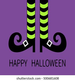 Witch legs with striped socks and shoes buckle. Happy Halloween. Greeting card. Flat design. Violet baby background. Vector illustration