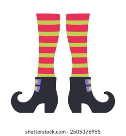 witch legs in striped stockings and boots isolated on white background, design element for halloween party, greeting or invitation card, cartoon vector illustration