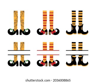 Witch legs in striped stockings collection. Halloween monogram set. Elements for halloween diy decoration. Vector illustration for Halloween party. 