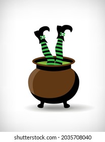 Witch legs in striped stockings., old cauldron, green poison. Elements from mystery collection for Halloween party decoration, invitation card, print. Vector illustration.