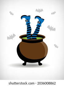 Witch legs in striped stockings., old cauldron, green poison. Elements from mystery collection for Halloween party decoration, invitation card, print. Vector illustration.