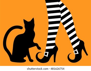 witch legs in striped stockings and shoes with buckles and a silhouette of a black cat on an orange background