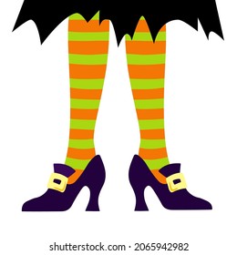 Witch legs in striped stockings and vintage shoes, Halloween vector illustration.