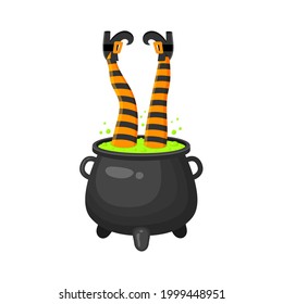 Witch legs upside down in cauldron with green bubbling potion. Halloween design element isolated on white background. Vector cartoon illustration.