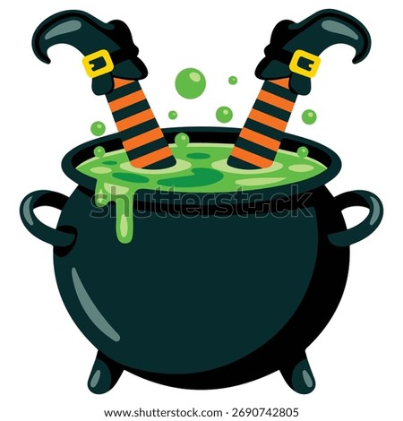 witch legs upside down in cauldron isolated vector illustration
