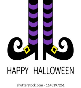 Witch legs with violet striped socks and shoes golden buckle. Happy Halloween. Cute cartoon character body part. Greeting card. Flat design. White baby background. Isolated. Vector illustration