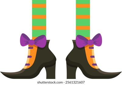 Witch legs wearing green and orange striped stockings and elegant black shoes with purple bows are a fun and spooky addition to any Halloween celebration