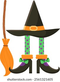 Witch legs wearing green tights with purple hearts and elegant black shoes with purple details and green bow, with orange witch hat and broom, celebrating Halloween