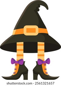 Witch legs wearing orange and black striped stockings and boots with purple bows under a big black and orange witch hat, ideal for halloween greeting cards or social media posts