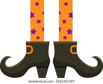 Witch legs wearing orange stockings with purple stars and pointy black boots with curled tip and orange buckle standing on white background represent halloween celebration