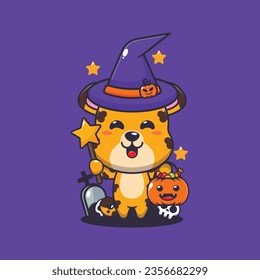 Witch leopard in halloween day. Cute halloween cartoon illustration.