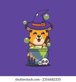 Witch leopard making potion in halloween day. Cute halloween cartoon illustration. 