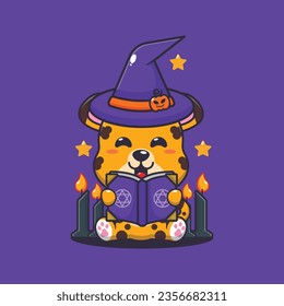 Witch leopard reading spell book. Cute halloween cartoon illustration.