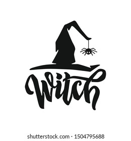 Witch lettering halloween t-shirt design. Handmade monochrome typography. Vector vintage illustration.