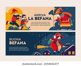 Witch like old woman who delivers gifts to children throughout Italy on Epiphany Eve suitable for Horizontal Banner