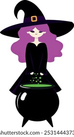 Witch with lilac hair, and witch's cauldron, magic cauldron, Halloween illustration for designer backgrounds