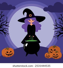 Witch with lilac hair, and witch's cauldron, and pumpkins, Halloween illustration for designer backgrounds
