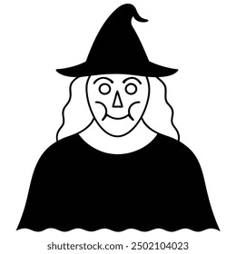 Witch Line Art for Halloween Scary Vector Icon Illustration.