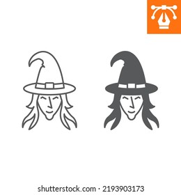Witch line and solid icon, outline style icon for web site or mobile app, halloween and magic, witch face vector icon, simple vector illustration, vector graphics with editable strokes.