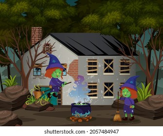 Witch living in the house in dark forest illustration
