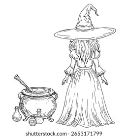 Witch with long hair, in cloak and pointed hat, black and white sketch. Vector illustration. Girl stands next to cauldron and jars with potion, isolated on background. Halloween, witchcraft and magic