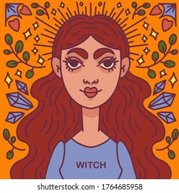 witch with long hair on an orange background
