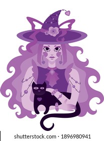 The witch of love. A kind beautiful witch in a hat and pink hair with a black cat.