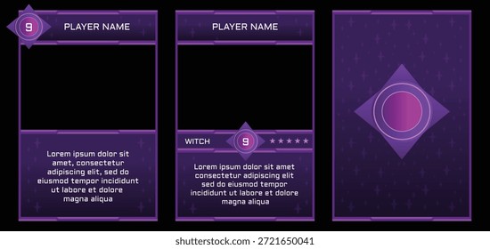 Witch or mage Themed game trading card templates with a Dark Purple color. Customizable vector design for TCG, RPG, and character cards. Features slots for player name and description.