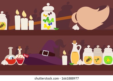 Witch magic accessories vector illustration for halloween holiday or horror fiction in cartoon style with broom, scary hat, creepy love potion for witchcraft and black magic, candles and frogs in pot.