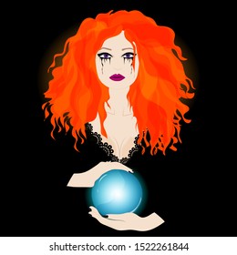 Witch with a magic ball. Halloween vector art.