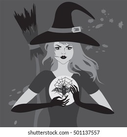witch with magic ball,A wicked witch in a black witch's hat holds a crystal ball with a bat