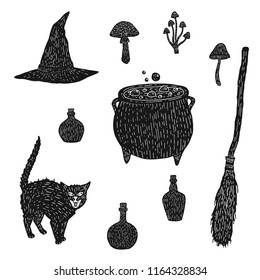 Witch magic black vector vintage illustration halloween hat cat kettle bottle potion mushrooms occult isolated  october party witchcraft scary creepy