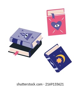 Witch magic books, Spellbooks, cartoon style. Helloween and magic concept. Trendy modern vector illustration isolated on white background, hand drawn, flat design.