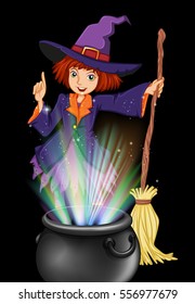 Witch and magic brew pot illustration