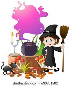 Witch and magic brew in pot illustration