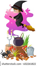 Witch with magic broom and brew illustration