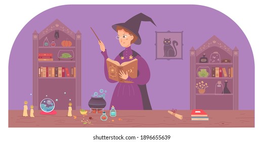 Witch in magic cabinet. Woman with wand and book in spooky room casting spell vector illustration. Fantasy world. Room interior with bookcases with books, bottles and potions.