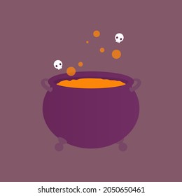 Witch Magic Cauldron Pot Cooking Purple Orange Black Dark Skull Bubble Food Potion Poison Illustration Vector Simple Halloween October Mystery Fantasy