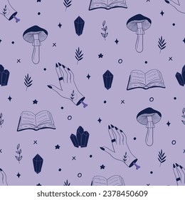 Hexenkollektion und Zauberkollektion. Bucht, Diamant, Pilz, Pflanze, Hexenhand. Hexerei-Symbole. Flacher Cartoon-Stil. Handgezeichnetes, nahtloses Muster