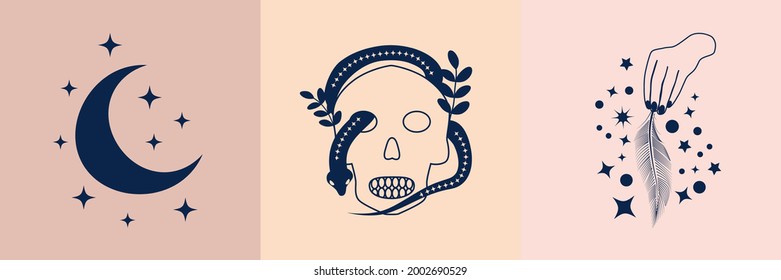 Witch and magic collection with moon, runes, skull, crystal, snake and sun symbols