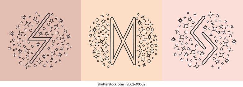 Witch and magic collection with moon, runes, skull, crystal, snake and sun symbols