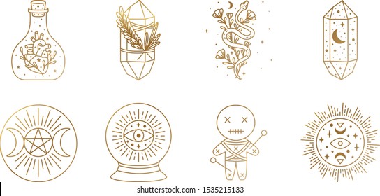 Witch and Magic Collection with moon, triple moon goddess, voodoo doll, crystal, snake, and sun symbols in Vector