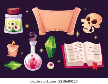 Witch magic crystal cartoon game witchcraft element isolated set. Vector graphic design illustration